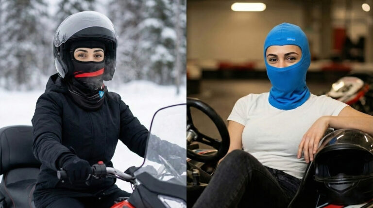 Díptico publicitario de HUMBOO: a la izquierda, una mujer en una moto de nieve con un pasamontañas de poliéster negro y rojo; a la derecha, una mujer en una pista de karting con un pasamontañas azul de algodón.