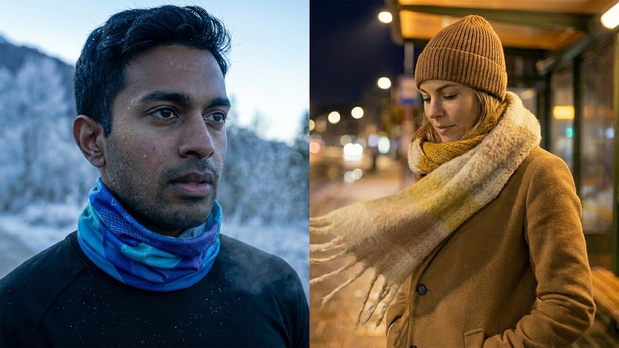 Komin wielofunkcyjny w ruchu (bieg/rower) vs szalik i czapka w miejskiej stylizacji na przystanku.