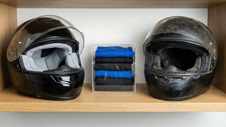 Comparación de higiene: casco nuevo y limpio frente a casco sucio y deteriorado por el sudor y un montón de gorros Humboo.