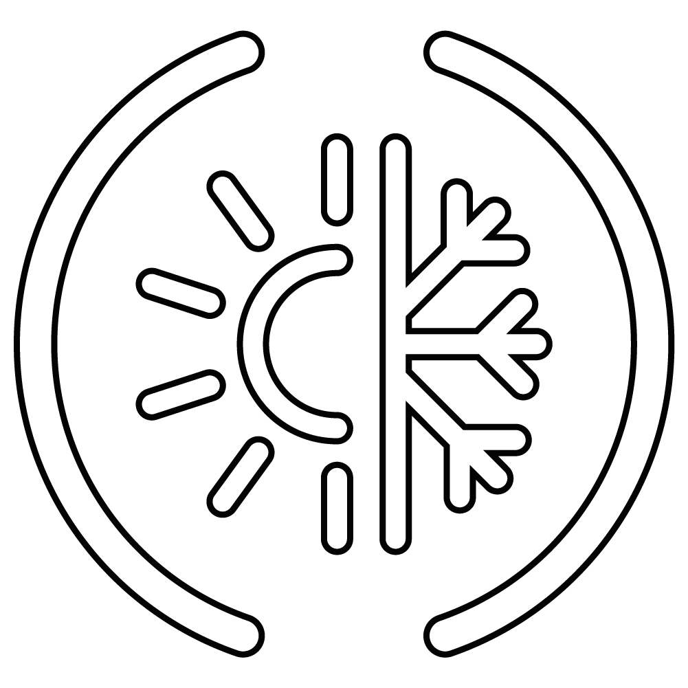 Symbol słońca i śnieżynki obrazujący adaptację komina Humboo do zmiennych warunków pogodowych.