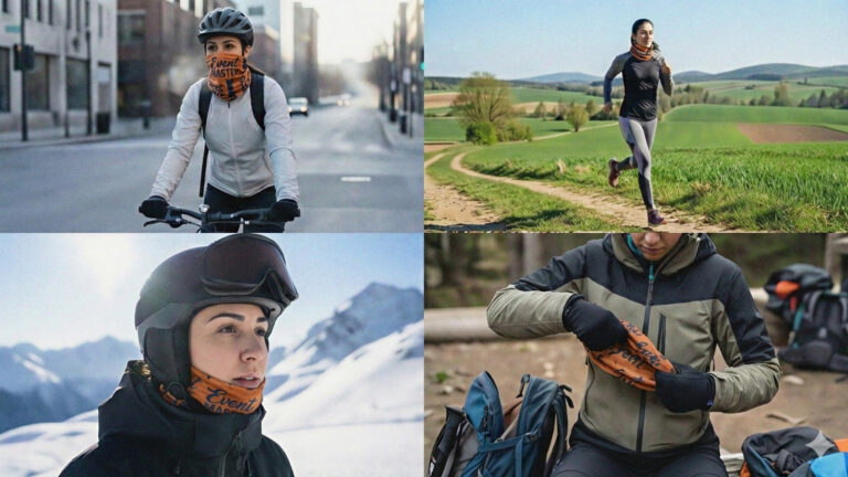 Collage de quatre photos montrant des personnes pratiquant différents sports (cyclisme, course à pied, ski, trekking) dans des cols multifonctionnels orange et bleus avec logo.