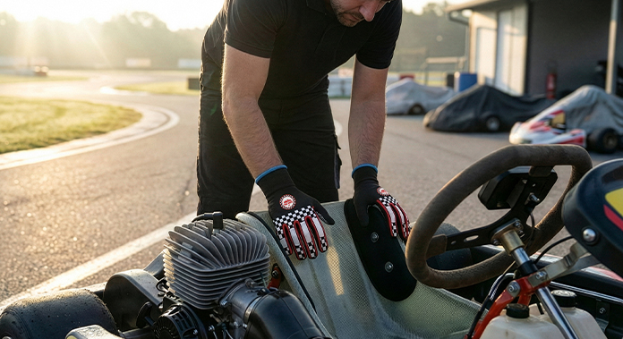 Un pilote de karting portant des gants en nylon personnalisés avec le logo Victory Lane, tenant le volant sur la piste – des gants de karting légers avec votre propre logo.