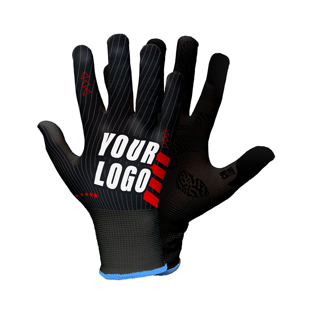 Le dessus et le dessous des gants de karting légers personnalisés Aerlite de la marque Humboo. Impression sur le gant avec l'inscription « YOUR LOGO HERE »