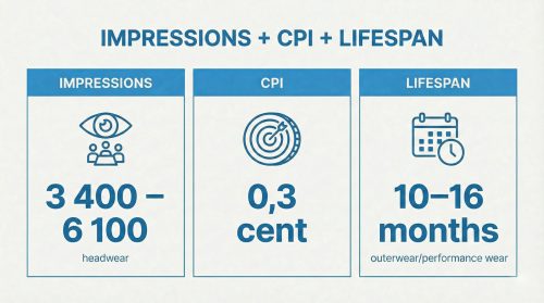 Infographie « IMPRESSIONS + CPI + LIFESPAN » présentant les statistiques pour un cache-cou multifonctionnel avec logo. Impressions : 3 400-6 100 (couvre-chef). CPI : 0,3 centime. Durée de vie : 10-16 mois (vêtements d'extérieur/vêtements de performance).