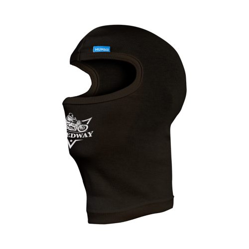 Visualisation cagoules noire cagoules Humboo avec le logo SPEEDWAY blanc sur la joue. Personnalisation sur mesure sous le casque.
