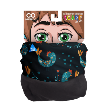 Dziecięcy komin Humboo z ociepleniem. Ciemny materiał we wzór folkowy w turkusowe kury i kwiaty.