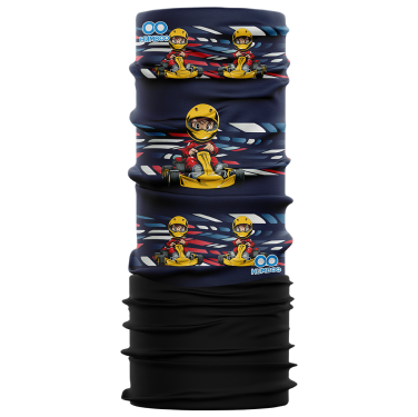 Dziecięcy komin Humboo z ociepleniem. Ciemnoniebieski wzór w gokarty i kierowcę w żółtym kasku.