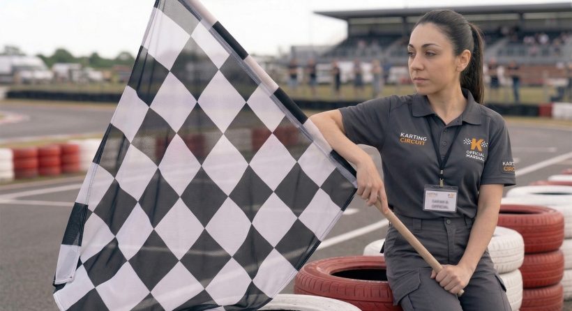 Pracownica toru kartingowego trzymająca flagę szachownicę na pit-lane