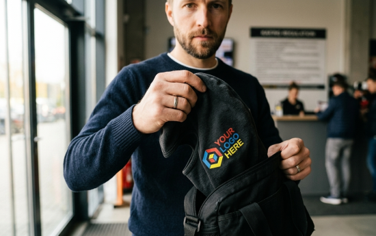 Klient wchodzi do wypożyczalni toru kartingowego z własną torbą sportową, z której wyjmuje bawełnianą kominiarkę Humboo z brandingiem obiektu z poprzedniej wizyty.